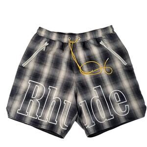 Rhude Plaid Shorts XL Cotton Elastic Waist Logo Spellout Streetwear Basketball